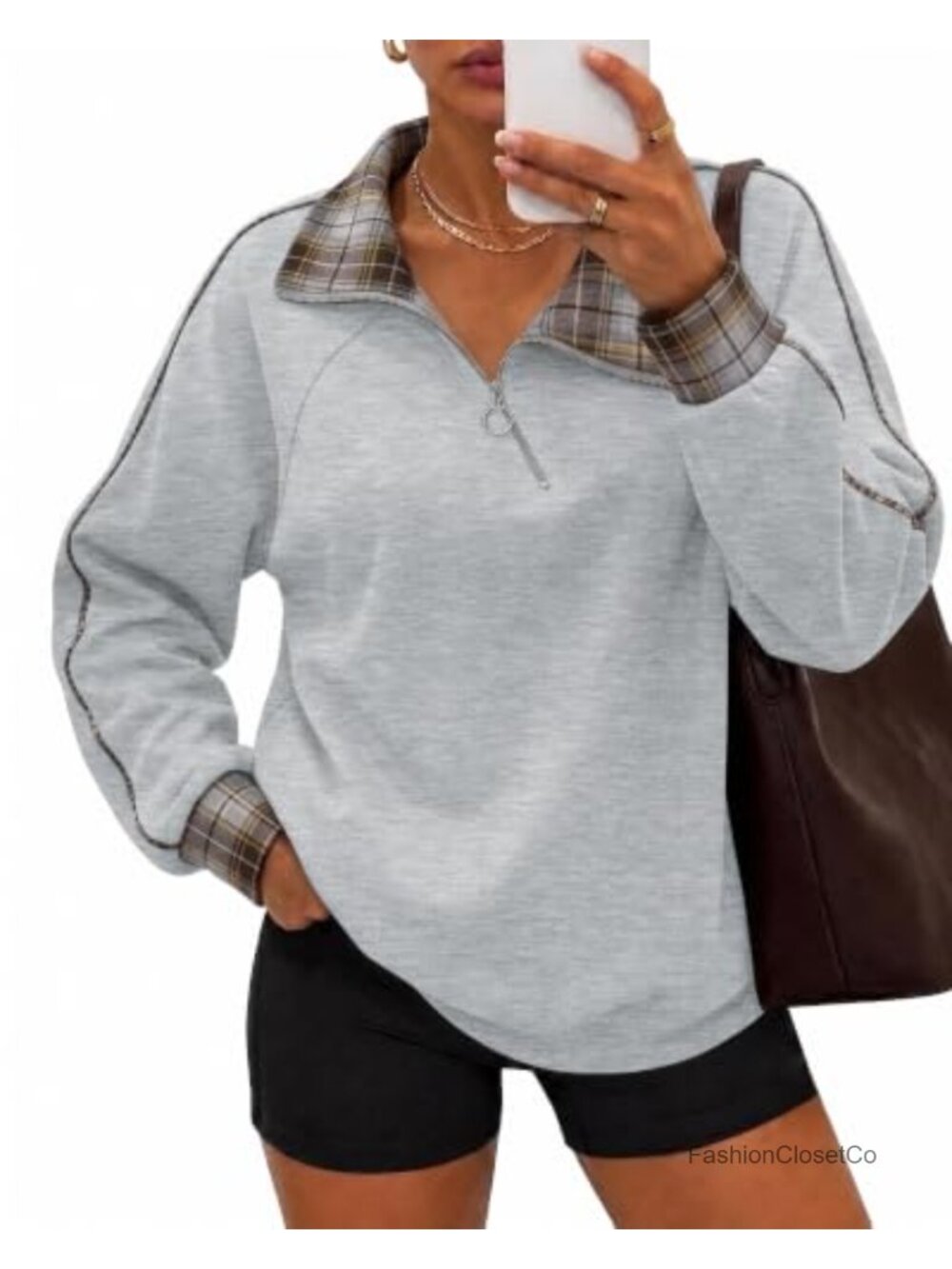 Women Plaid V Neck Zip Pullover Long Sleeve Tunic Sweatshirt Cotton Polyester